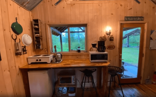 Cozy wooden kitchen with a countertop, appliances, and a view of greenery through a window.