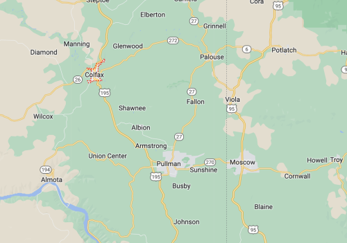 Map showing the area around Colfax, Washington, with nearby towns and highways marked.