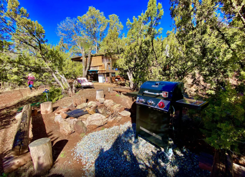 A black grill near a fire pit, surrounded by trees and a rustic cabin in a sunny outdoor setting.