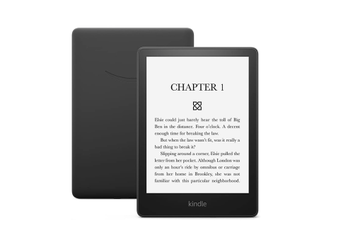 A Kindle e-reader displaying the text "CHAPTER 1" on its screen, with a black cover behind it.