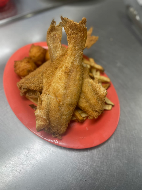 A red plate with two fried fish fillets, a serving of fries, and a few hushpuppies on a stainless steel surface.