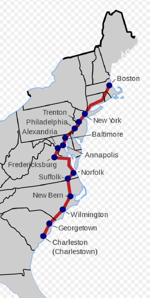 Map showing a route along the East Coast of the U.S., connecting cities from Boston to Charleston.