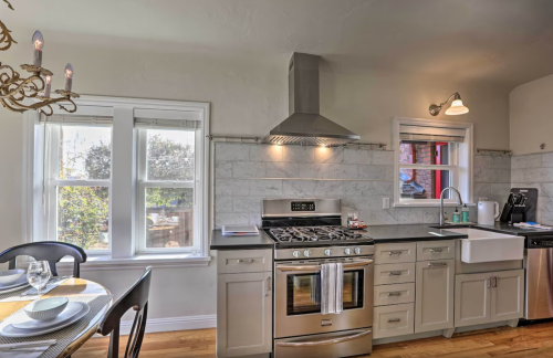Modern kitchen with stainless steel appliances, a farmhouse sink, and large windows letting in natural light.