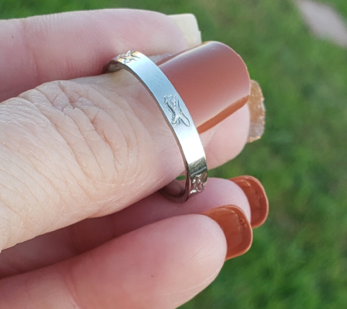 A close-up of a silver ring held between fingers, with a simple design, against a green background.