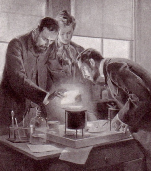 Three people in a laboratory, intently observing a glowing substance on a table, surrounded by scientific equipment.