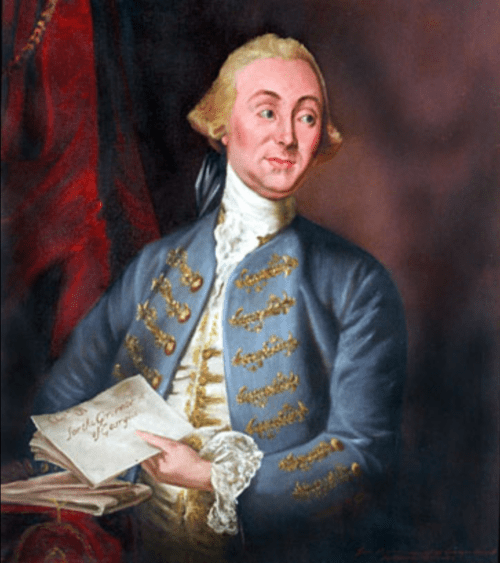 Portrait of a man in 18th-century attire, holding a letter, with a thoughtful expression and light-colored hair.