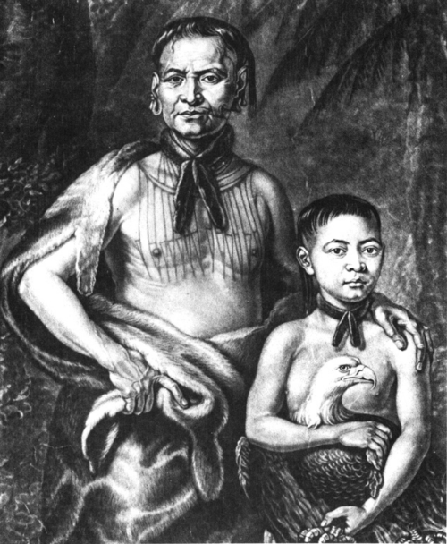 A historical illustration of a man and a boy, both wearing traditional attire, with the boy holding an eagle.