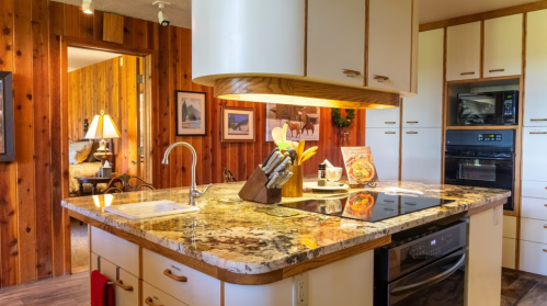 A cozy kitchen with a granite island, modern appliances, and wooden walls, creating a warm, inviting atmosphere.