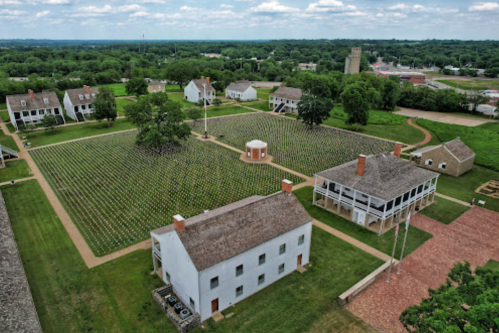 Aerial view of a historic site featuring several buildings and a vineyard surrounded by green fields and trees.