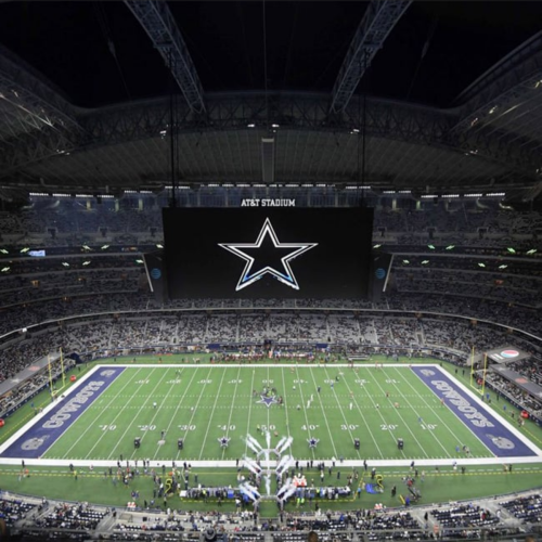 Aerial view of AT&T Stadium during a football game, featuring a large Cowboys star logo on the scoreboard.