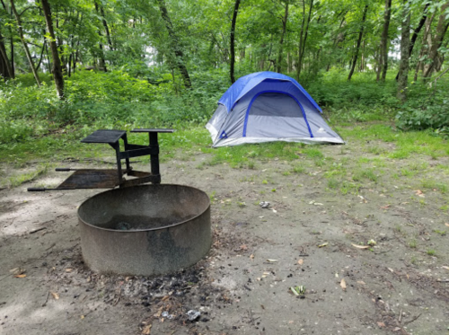 A blue tent set up in a wooded campsite next to a fire pit and picnic table.