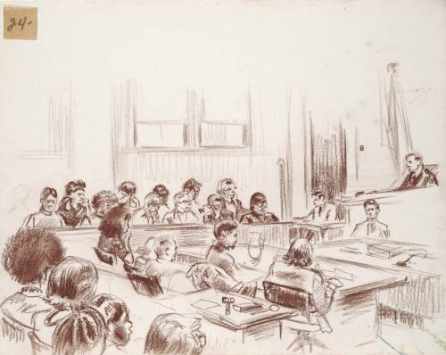 A courtroom sketch depicting a judge, jury, and witnesses during a trial. Various people are seated and engaged in the proceedings.