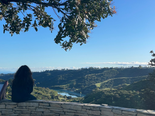 A person sits on a stone wall, overlooking a scenic landscape with hills and a river under a clear blue sky.