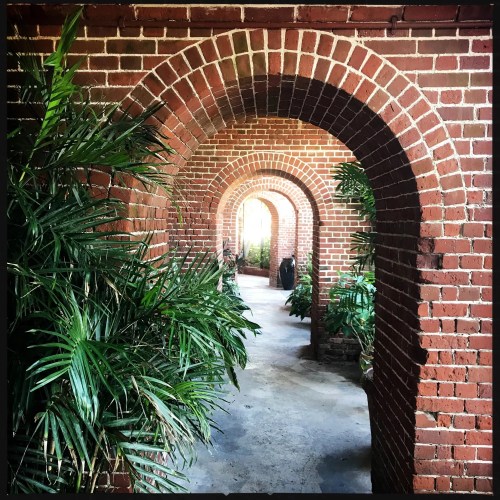 A corridor with multiple brick arches, lined with lush green plants on either side.