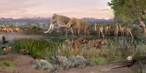 Prehistoric scene featuring mammoths, saber-toothed cats, and other wildlife near a water source with mountains in the background.