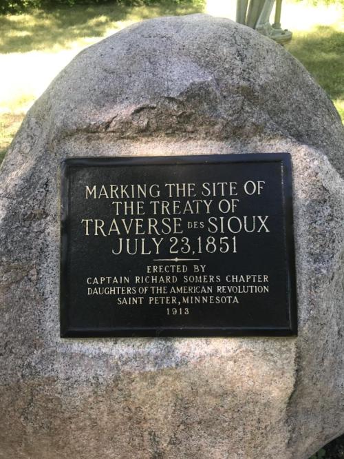 Plaque on a stone marking the site of the Treaty of Traverse des Sioux, July 23, 1851, in Saint Peter, Minnesota.