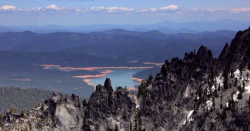 An aerial view of Trinity Lake from a mountain trail in Northern California.