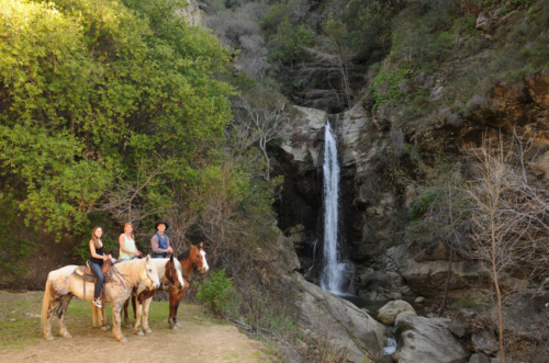 Four people on horseback near a waterfall in a lush, green canyon.