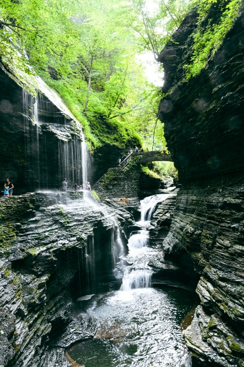 A scenic gorge with waterfalls, lush greenery, and a bridge above, surrounded by steep rock formations.