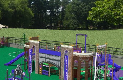 A colorful playground designed like a baseball stadium, featuring slides and climbing structures.