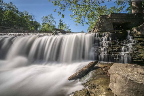 A serene waterfall cascades over rocky ledges, surrounded by lush greenery and a clear blue sky.