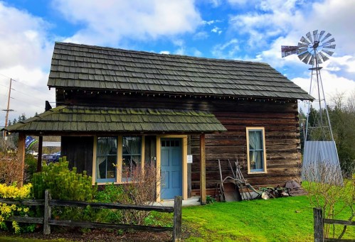 A rustic wooden house with a blue door, surrounded by greenery and a windmill in the background under a cloudy sky.