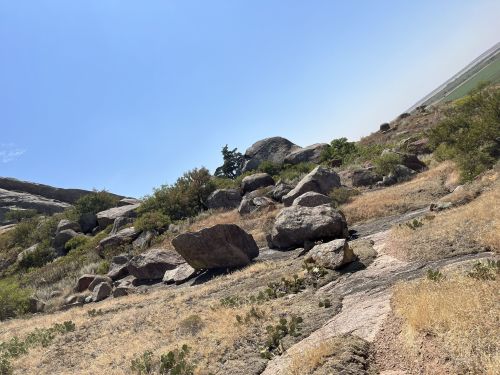 A rocky landscape with scattered boulders and sparse vegetation under a clear blue sky.