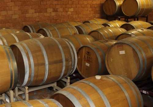 A storage room filled with wooden barrels stacked closely together against a brick wall.