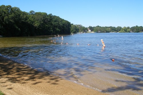 A calm lake with a sandy shore, marked by buoy lines and surrounded by trees under a clear blue sky.