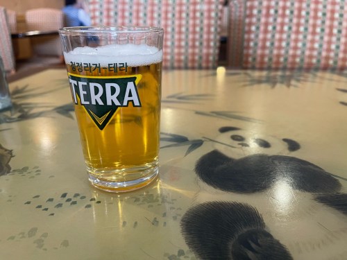 A glass of beer on a patterned table, with a logo reading "TERRA" visible on the glass.