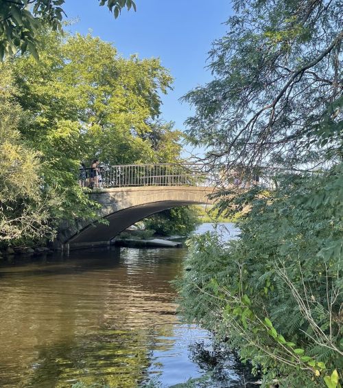 A stone bridge arches over a calm river, surrounded by lush green trees and clear blue skies.