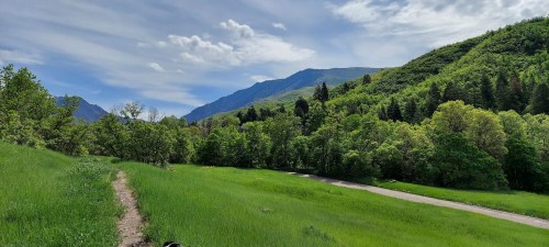 A scenic landscape featuring green hills, trees, and a winding path under a blue sky with fluffy clouds.