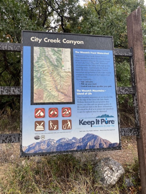 Sign at City Creek Canyon detailing the Wasatch Front Watershed, with a map and guidelines for visitors.