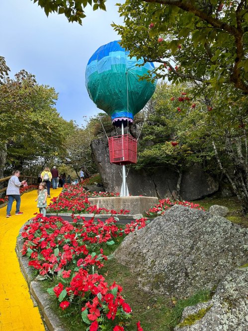 A colorful hot air balloon is tethered near a path lined with vibrant red flowers and surrounded by trees.