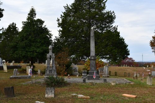 A cemetery scene featuring gravestones, a tall monument, and trees under a cloudy sky. Flags are placed at some graves.
