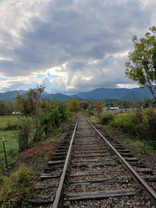 A view of a railway track stretching into the distance, surrounded by greenery and mountains under a cloudy sky.