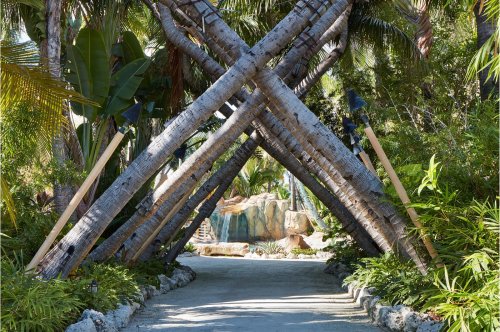 A tropical pathway framed by crossed palm trunks, leading into a lush garden with greenery and decorative elements.