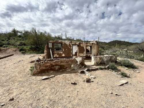 Abandoned, weathered building in a desert landscape, surrounded by cacti and rocky terrain under a cloudy sky.