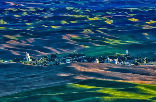 A scenic view of rolling hills with a small village nestled among vibrant green and brown fields.