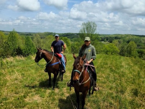 Two riders on horseback stand on a grassy hill, surrounded by trees and a blue sky with fluffy clouds.