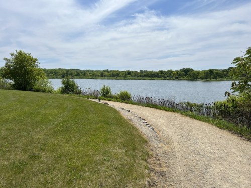 A serene river scene with a grassy path winding along the water, surrounded by lush greenery and a blue sky.