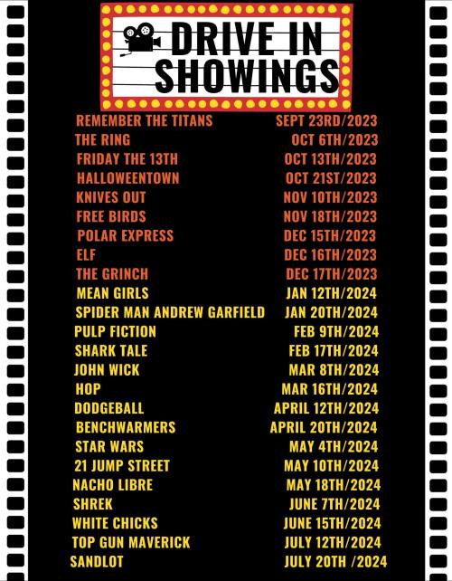 A list of drive-in movie showings with titles and dates, featuring films like "Remember the Titans" and "The Grinch."