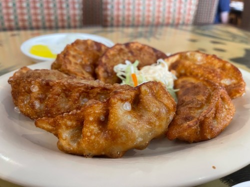 A plate of golden-brown fried dumplings with a side of shredded cabbage.