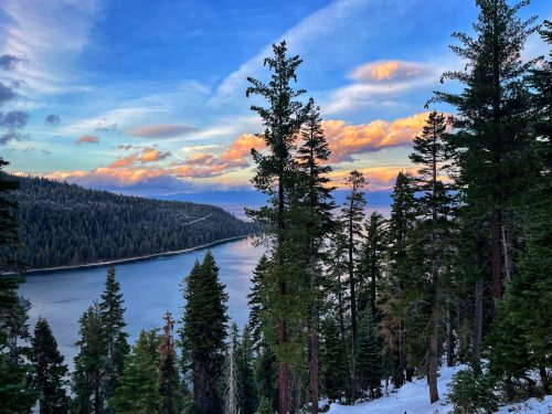 A serene landscape featuring tall pine trees overlooking a calm lake with colorful clouds in the sky at sunset.