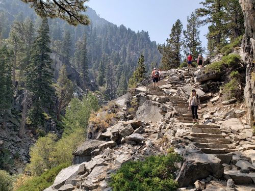 Hikers navigate rocky terrain in a forested area, surrounded by tall trees and steep cliffs.