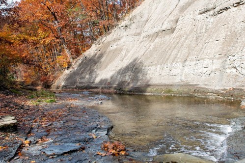 A serene stream flows beside a rocky cliff, surrounded by vibrant autumn foliage.