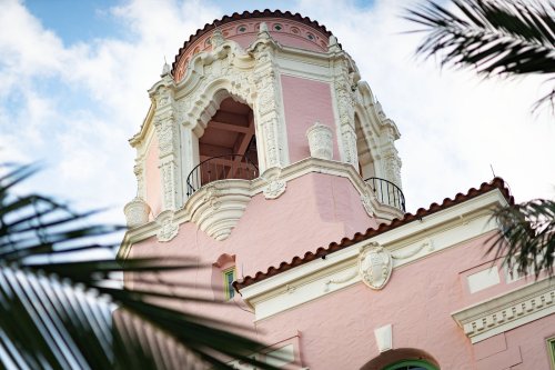 A close-up of a pink building's ornate dome, framed by palm leaves against a blue sky.