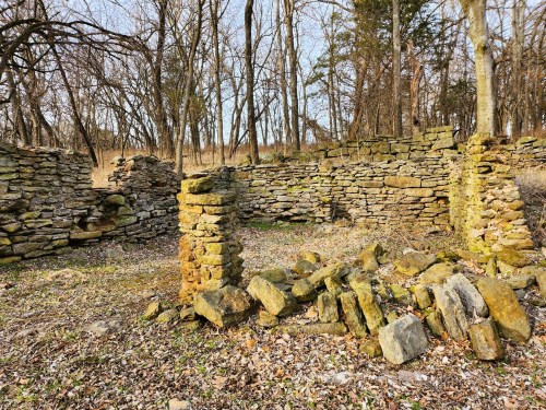 Ruins of a stone structure surrounded by trees and overgrown grass, with a collapsed wall and a standing pillar.