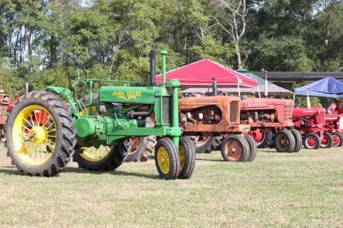 A row of vintage tractors in various colors, including green and red, displayed on a grassy field.