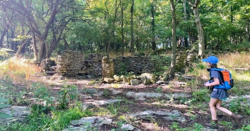 A child walks past stone ruins in a wooded area, surrounded by greenery and sunlight filtering through the trees.